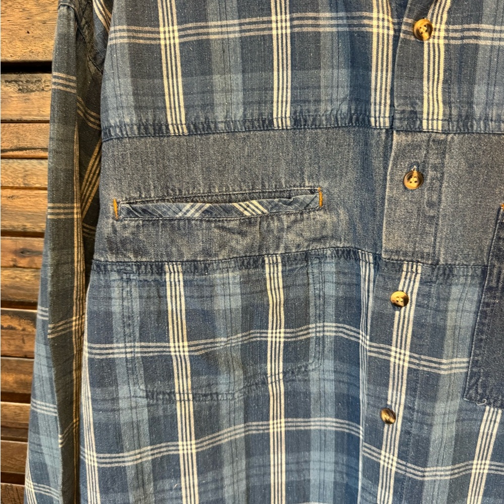Vintage Checkered Plaid Denim Patch Ocean Pacific Long Sleeve Button Shirt‎ SML - Picture 3 of 9
